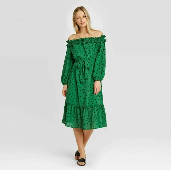 green emerald velvet dress Cathy Notch Neck Jersey Dress-Hunter Green, Painted Dot main image 1